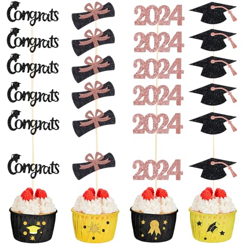 Chinco Cupcake-Aufsätze für Abschlussfeier, 2024, Abschlussfeier, Vorspeisen, Kuchen, Abschlussfeier, Party, Dekorationen, Diplom, Cupcake-Picks für Kuchen, Klasse 2024, Abschlussfeier, Rosa, 100 von Chinco