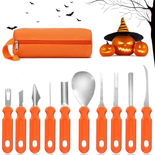 Chingcoo Halloween Kürbis Schnitzset, 10 Stück Edelstahl kürbisschnitzwerkzeuge, Halloween Kürbis Schnitzen Werkzeug mit Aufbewahrungstasche, Schnitzwerkzeug Kürbis für Erwachsene und Kinder DIY von Chingcoo