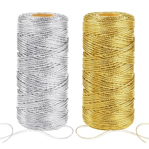 Gold und Silber Metallic Schnur, 2 Rolle 100 M Kordel Gold 1MM Bindfaden DIY Bastelschnur, für Geschenkpapier Weihnachts Dekoration, Basteln und Geschenkverpackung von Chingcoo