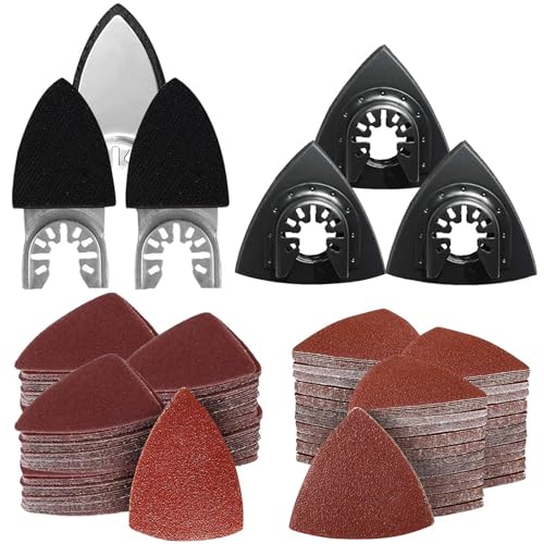 156 Multitool Schleifplatte für Delta-Schleifer, 3 finger sanding pad holder und 3 Dreieck-Schleifscheiben, 150 Blatt Schleifpapier, inklusive 60/80/100/120/180/ 240er Körnung von Chingcoo