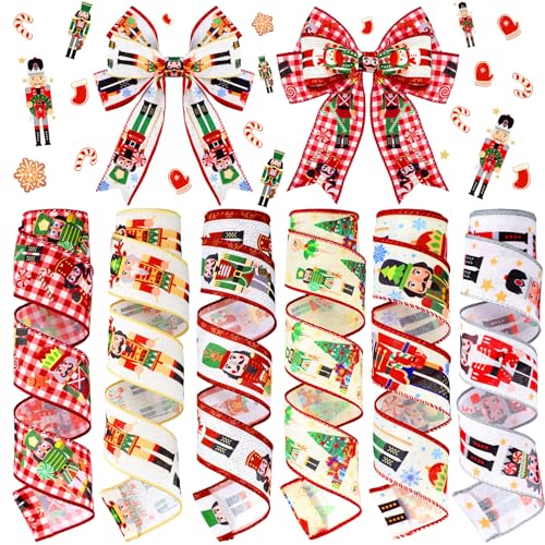 Chitidr 6 Rollen 30 Meter Weihnachtsband mit Draht 5,1 cm Lebkuchen-Nussknacker-Weihnachtsbänder Xmas Swirl Sackleinen Geschenkverpackung Band für Weihnachtsbaum DIY Handwerk Schleifen Kranz Dekor von Chitidr