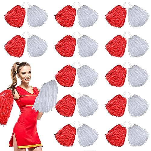 Chivao Cheerleading-Pompons, Kunststoff-Pompons, Griffe, Cheer Team, Pompons für Sport, Tanz, Schule, Spieltag, Fußball, Party-Dekorationen, je 30 g, Rot, Weiß, 24 Stück von Chivao