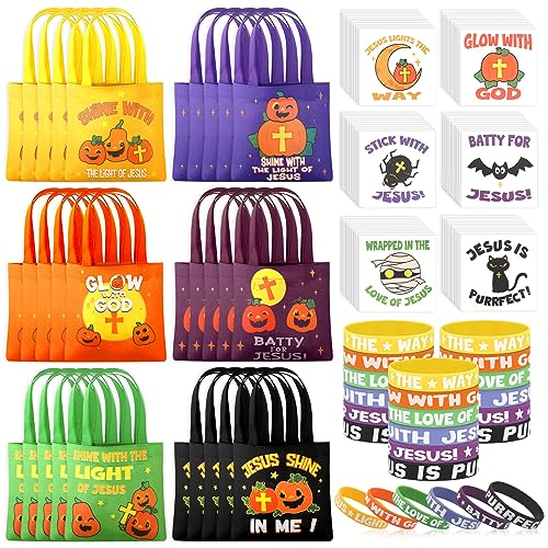 336-teiliges Halloween-Party-Set für Kinder, 48 christliche Kürbisbeutel, 48 Gummi-Armbänder, 240 kleine Booliever, religiöse Halloween, temporäre Tattoos für Preise, Halloween von Cholemy