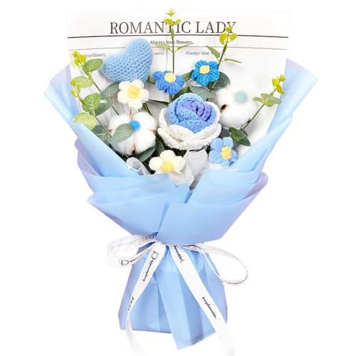 Chordobe Häkelblumen-Rosen- und Herzstrauß, handgefertigt, künstlicher Blumenstrauß, gestrickt, für Festival, Hochzeit, Abschlussfeier, Jahrestag (blau) von Chordobe