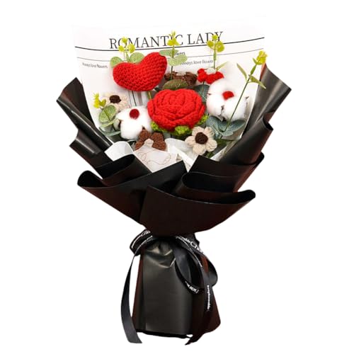 Chordobe Häkelblumen-Rosen- und Herzstrauß, handgefertigt, künstlicher Blumenstrauß, gestrickt, für Festival, Hochzeit, Abschlussfeier, Jahrestag (schwarz) von Chordobe