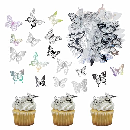 Chornow 72 Stück Schmetterlinge Deko Torte, Schwarz Weiß Silberlaser 3D Schmetterlinge Dreidimensional Tortendeko Cupcake Toppers für Junge Mädchen Geburtstag Party Kuchen Deko von Chornow