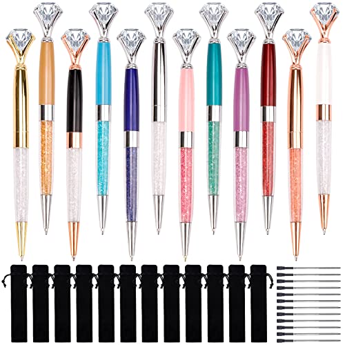 Chostky 12PCS Kristall Diamant Stifte, Bling Kugelschreiber, einziehbarer Metall Strass Stift mit 12PCS schwarze Tinte Nachfüllungen und 12PCS Kordelzug Taschen für Schulbürobedarf Hochzeitsgeschenk von Chostky