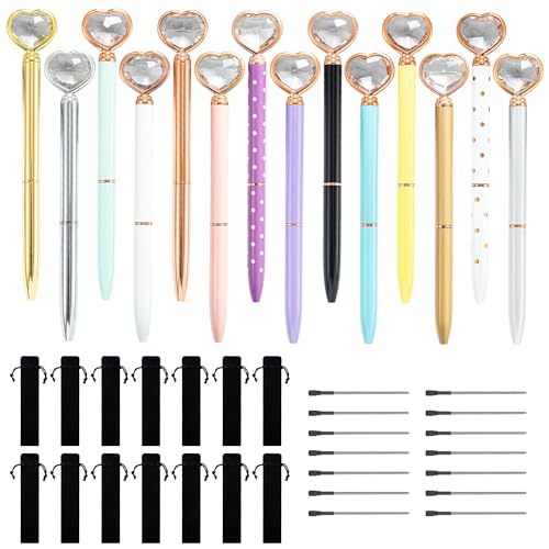 Chostky 14PCS Kristall Diamant Stifte, einziehbarer Metall Strass Stift, Bling Kugelschreiber mit 14PCS schwarze Tinte Nachf¨¹llungen und 14PCS Kordelzug Stift Taschen f¨¹r Schulb¨¹robedarf von Chostky