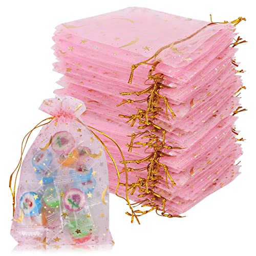 Chostky 200Pcs Organza Geschenk Taschen, Organza Schmuck Beutel mit Mond Stern Muster Drawstring Favor Taschen f¨¹r Hochzeit Weihnachten Halloween Party Schmuck S¨¹?igkeiten Geschenk (10 x 15cm, Rosa) von Chostky