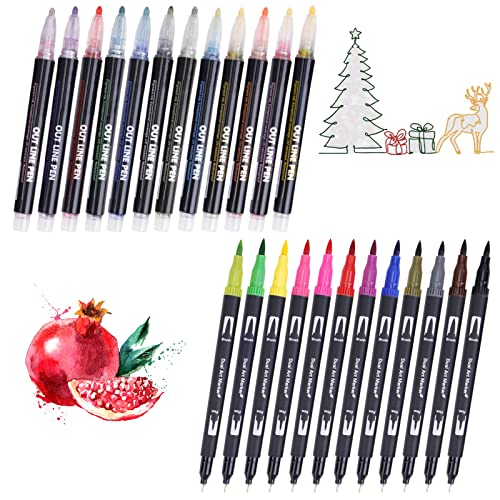 Chostky 24pcs Double Line Outline Marker Stifte und Dual Tip Pinsel Maker, Ostern Selbst-Outline Metallic Marker, Aquarell Pinsel Stift für Weihnachtskarte Schreiben, Malbücher, Osterei von Chostky