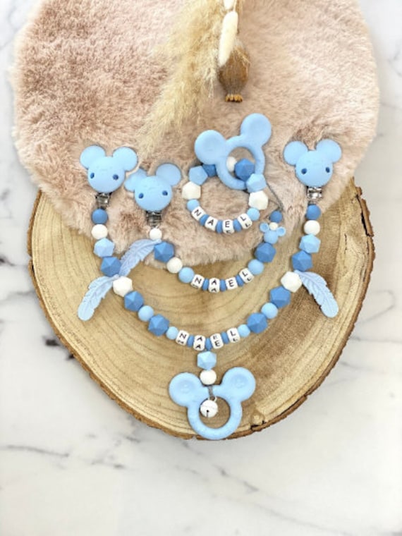 Schnullerkette Mit Name Kinderwagenkette Greifling Set Maus Junge Blau von ChriluzaShop