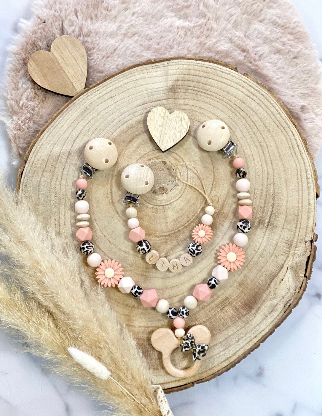 Schnullerkette Mit Name Kinderwagenkette Mädchen Personalisiert Maus Set Leoparden Muster Blume Silikon Holz von ChriluzaShop