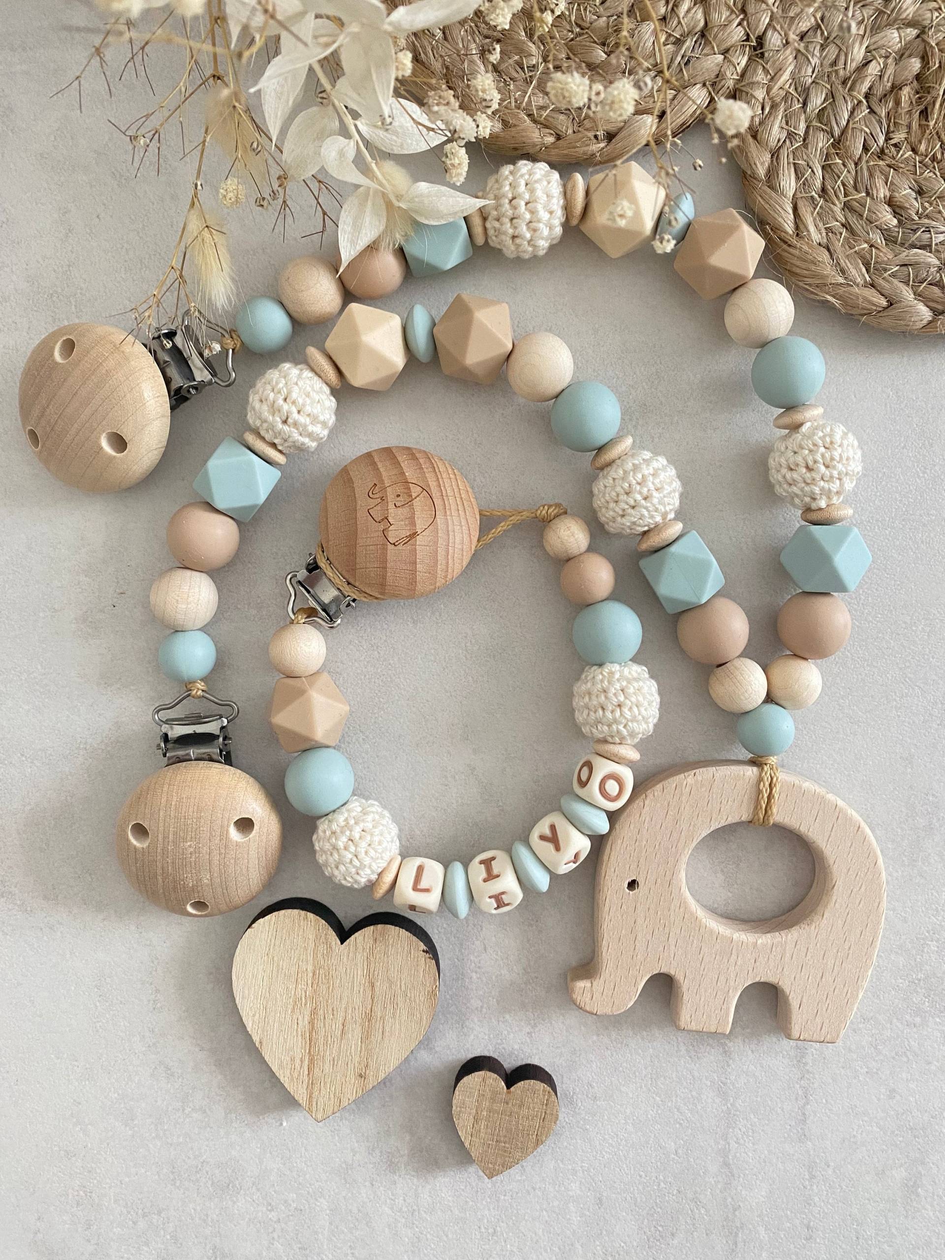 Schnullerkette Mit Name Kinderwagenkette Personalisiert Junge Elefant Blau Beige von ChriluzaShop