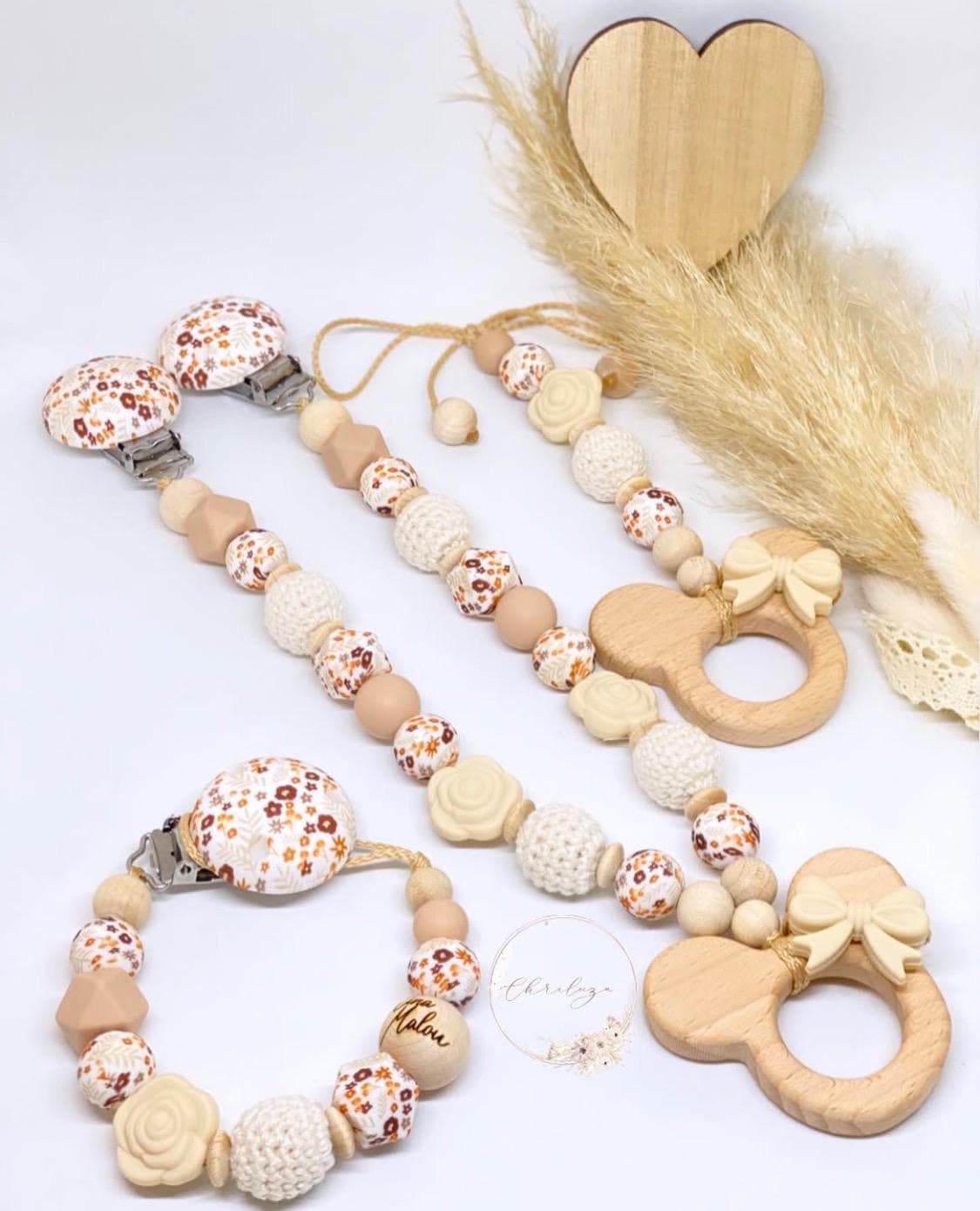 Schnullerkette Mit Name Kinderwagenkette Personalisiert Mädchen Maus Blumen Beige Gravur von ChriluzaShop