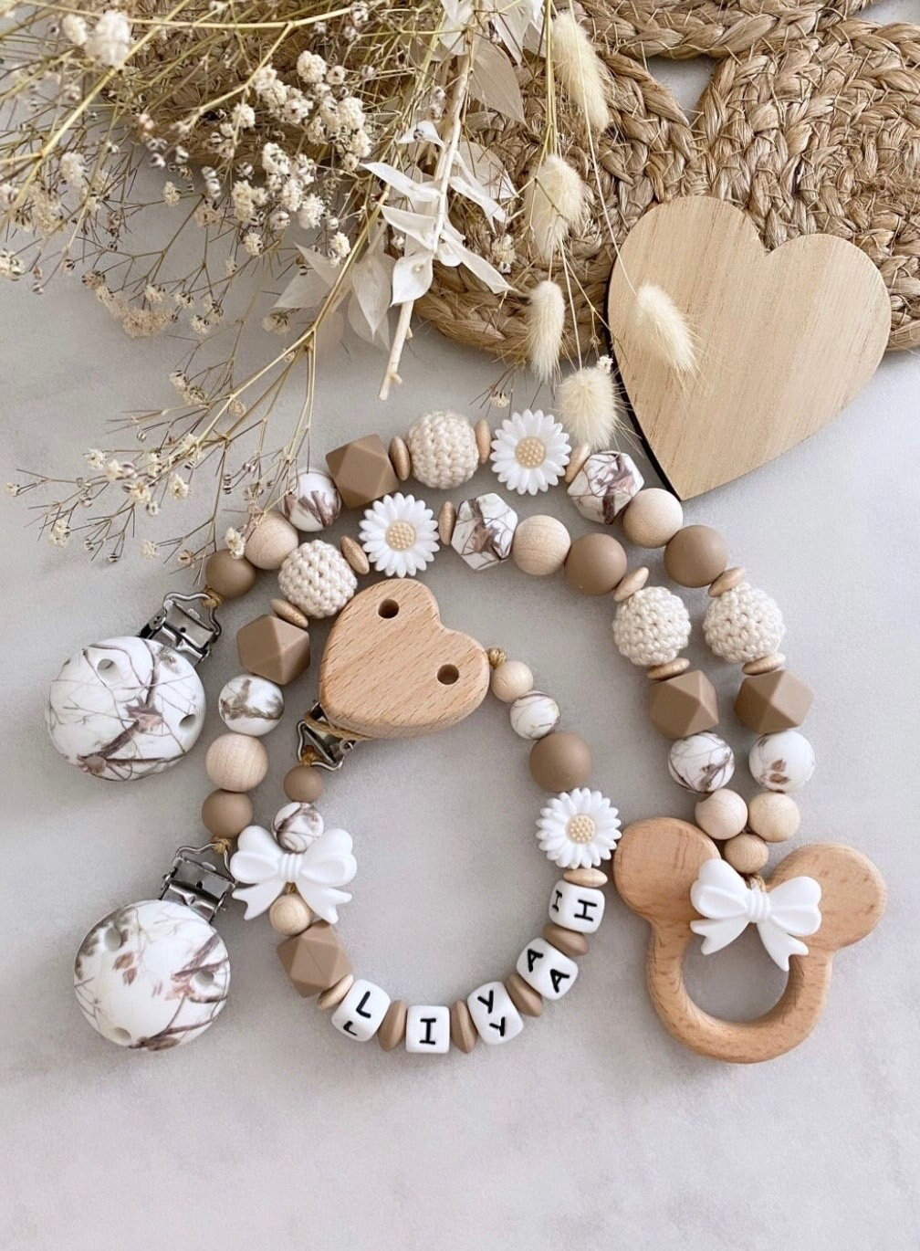 Schnullerkette Mit Name Kinderwagenkette Personalisiert Mädchen Maus Naturtöne von ChriluzaShop