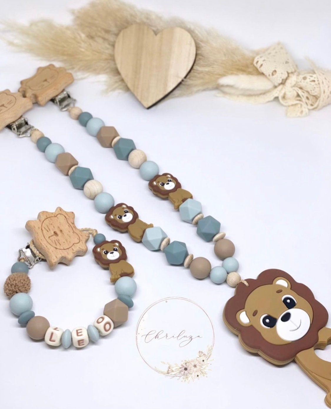 Schnullerkette Mit Name Kinderwagenkette Personalisiertes Set Junge Löwe Silikon Holz von ChriluzaShop