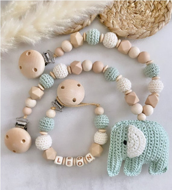 Schnullerkette Mit Name Kinderwagenkette Set Elefant Gehäkelt von ChriluzaShop