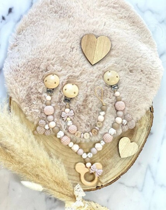 Schnullerkette Mit Name Kinderwagenkette Set Mädchen Personalisiert Mickey Maus Schleife Holz Rosa Silikon von ChriluzaShop