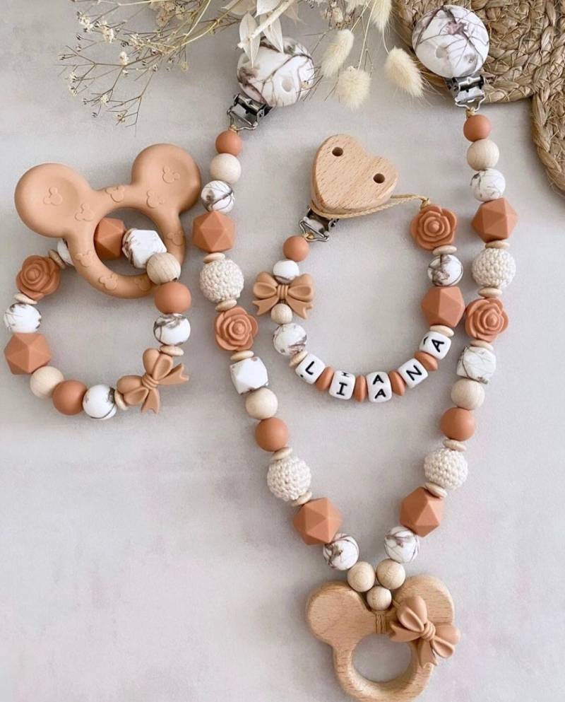 Schnullerkette Mit Name Kinderwagenkette Set Mädchen Personalisiert Mickey Maus Schleife Holz Silikon von ChriluzaShop