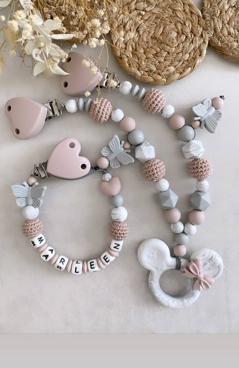 Schnullerkette Mit Name Mädchen Kinderwagenkette Herz Maus Schmetterling Silikon von ChriluzaShop