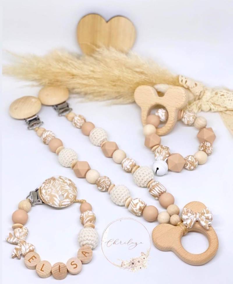 Schnullerkette Mit Name Mädchen Maus Beige von ChriluzaShop