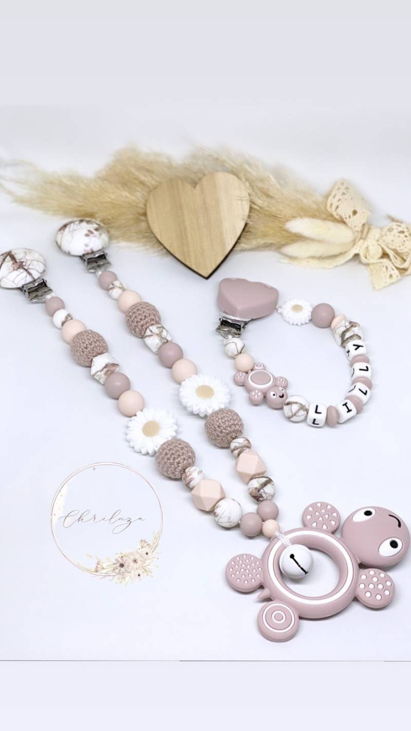 Schnullerkette Mit Namen Kinderwagenkette Set Mädchen Schildkröte Personalisiert von ChriluzaShop