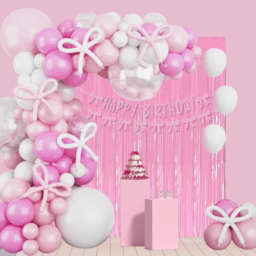 Chris.W 123 Stück rosa Schleife Geburtstag Dekorationen für Frauen Mädchen einschließlich weiß rosa Luftballons rosa Schleife Happy Birthday Banner rosa Fransenvorhänge lange Latexballons für von Chris.W