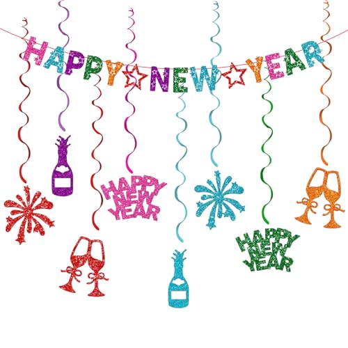 Chris.W 17 Stück Happy New Year Dekorationen Supplies Happy New Year Banner und hängende Wirbel 2025 Silvester Party Girlande und Wirbel Deckendekorationen für 2025 Happy New Year Party Supplies von Chris.W