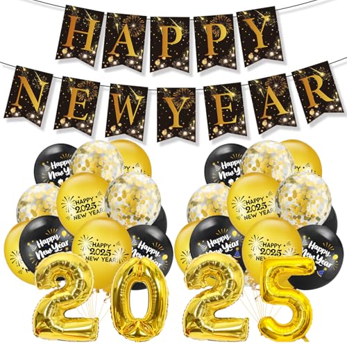 Chris.W 23 Stück Happy New Year Party Dekorationen Schwarz und Gold Happy New Year Banner und Luftballons 2025 Folienballons Silvester Hintergrund Prost bis Neujahr 2025 Happy New Year Party Supplies von Chris.W