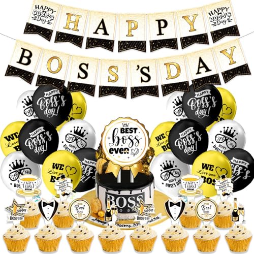 Chris.W 32 Stück Boss Day Banner Happy Boss Party Day Dekorationen NO-DIY Best Boss Ever Hanging Decor Boss's Party Cupcake Topper Ballon für Büro Schwarz Gold Happy Boss Day Party Decor Supplies von Chris.W