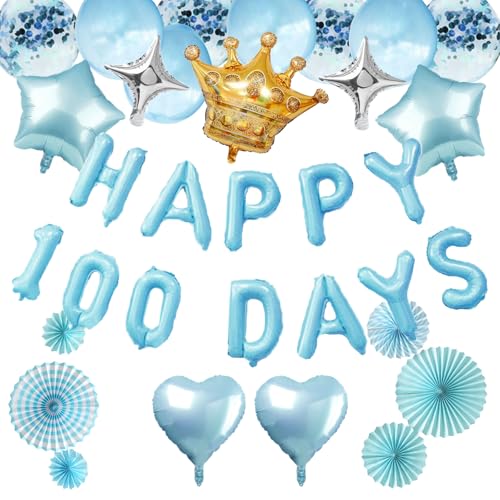 Chris.W 35 Stück 100 Tage Baby-Dekorationen mit "Happy 100 Days"-Ballons, Banner, große Cronw-Herz-Stern-Folienballons, blaue Latex-Luftballons, hängende Papierfächer für 100 Tage von Chris.W