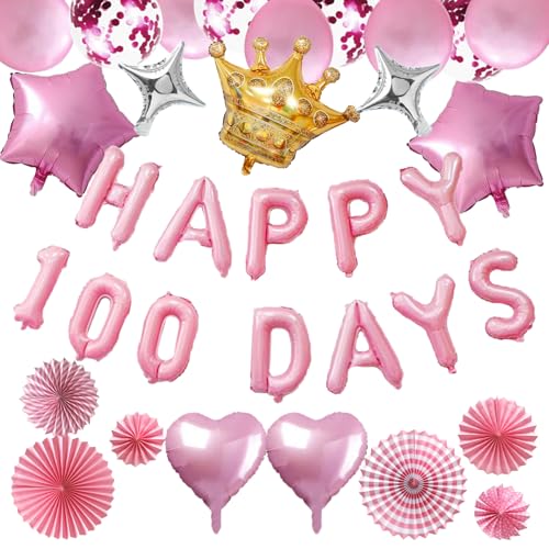 Chris.W 35 Stück 100 Tage Baby-Dekorationen mit "Happy 100 Days"-Luftballons, Banner, große Cronw-Herz-Stern-Folienballons, blaue Latex-Luftballons, hängende Papierfächer für 100 Tage von Chris.W