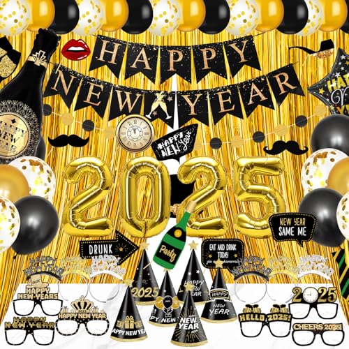 Chris.W Silvester-Dekorationsset 2025 Happy New Years Eve Party Supplies mit Banner 81,3 cm Gold 2025 Luftballons Sonnenbrille Stirnbänder und Silvester Foto Requisiten für Happy New Years Party Decor von Chris.W