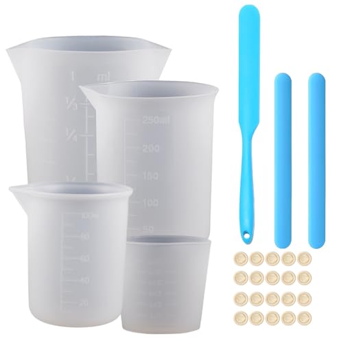 Chstarina Silikon Messbecher Set, 350ml/250ml/100ml/50ml, 4 Stück Mischbecher mit Rührstäbchen, Silikonspatel und Fingerlinge, Wiederverwendbare, Ideal für Epoxidharz und Wachsen von Chstarina