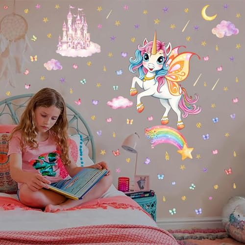 Chuainxin Wandtattoo Kinderzimmer Mädchen Leuchtender Einhorn Sternenhimmel Aufkleber, Leuchtsterne Selbstklebend Wandsticker, Regenbogen Schmetterling Leuchtsticker, Wandaufkleber Babyzimmer Jungen von Chuainxin