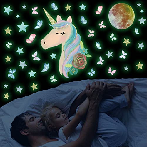 Wandsticker Kinderzimmer Einhorn, Wandtattoo Kinderzimmer Mädchen, Leuchtender Wandaufkleber, Leucht Wandtattoo Schmetterlinge, Leuchtsterne Selbstklebend, Leuchtaufkleber Wandbild für Jugendzimmer von Chuainxin