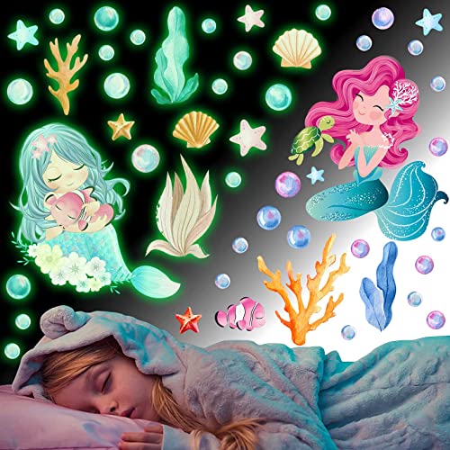 Wandsticker Kinderzimmer Mädchen, Meerjungfrau Wandtattoo Mädchenzimmer, Leuchtender Wandaufkleber Meer Fische, Unterwasserwelt Leuchtsticker Selbstklebend, Meerestiere Leuchtaufkleber Schlafzimmer von Chuainxin