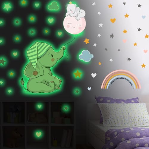 Wandtattoo Kinderzimmer Junge Leuchtsterne, Elefant Leuchtender Wandsticker Kinder, Deko Wandaufkleber Mond/Sterne, Tier Leuchtsticker Wanddeko, Geschenke für Schlafzimmer Klassenzimmer Babyzimmer von Chuainxin