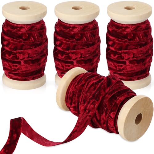 Chuangdi 4 Rollen 20 Meter Knautschsamtband Weihnachten Vintage Holzspule Samtband für Weihnachtsbaum Ornament Geschenkverpackung Schleife Kranz Blumenstrauß Handwerk Dekoration (Burgunderrot, 1,9 cm) von Chuangdi