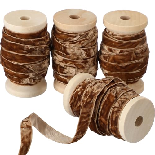 Chuangdi 4 Rollen 20 Meter Knautschsamtband Weihnachten Vintage Holzspule Samtband für Weihnachtsbaum Ornament Geschenkverpackung Schleife Kranz Blumenstrauß Handwerk Dekoration (Goldbraun, 1,9 cm) von Chuangdi