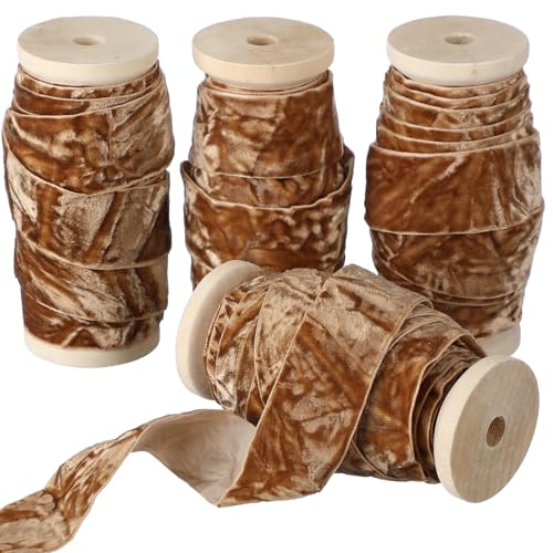 Chuangdi 4 Rollen 20 Meter Knautschsamtband Weihnachten Vintage Holzspule Samtband für Weihnachtsbaum Ornament Geschenkverpackung Schleife Kranz Blumenstrauß Handwerk Dekoration (Goldbraun, 2,5 cm) von Chuangdi