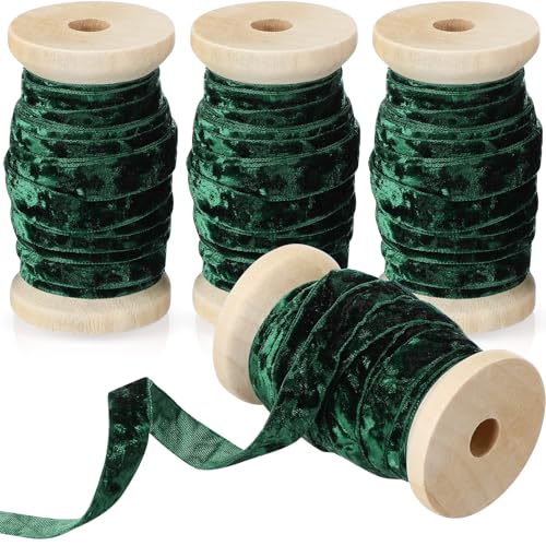 Chuangdi 4 Rollen 20 Meter Knautschsamtband Weihnachten Vintage Holzspule Samtband für Weihnachtsbaum Ornament Geschenkverpackung Schleife Kranz Blumenstrauß Handwerk Dekoration (Waldgrün, 1,9 cm) von Chuangdi