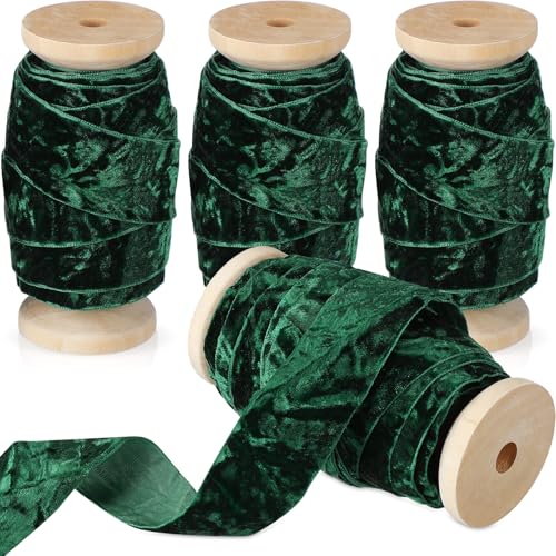 Chuangdi 4 Rollen 20 Meter Knautschsamtband Weihnachten Vintage Holzspule Samtband für Weihnachtsbaum Ornament Geschenkverpackung Schleife Kranz Blumenstrauß Handwerk Dekoration (Waldgrün, 2,5 cm) von Chuangdi