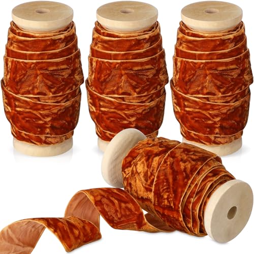 Chuangdi 4 Rollen 20 Meter Knautschsamtband Weihnachten Vintage Holzspule Samtband für Weihnachtsbaum Ornament Geschenkverpackung Schleife Kranz Blumenstrauß Handwerk Dekoration (gebranntes Orange, von Chuangdi