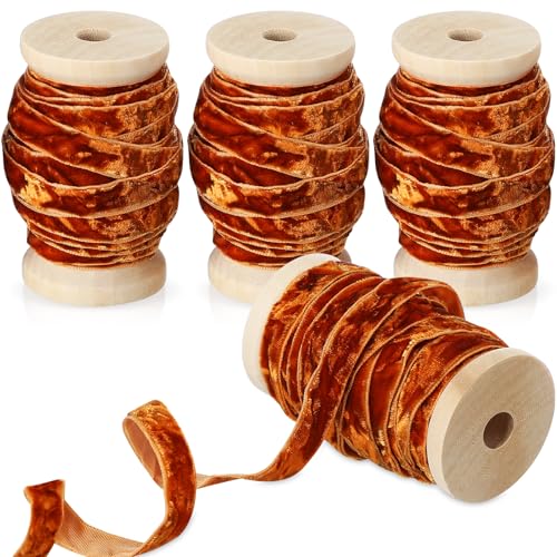 Chuangdi 4 Rollen 20 Meter Knautschsamtband Weihnachten Vintage Holzspule Samtband für Weihnachtsbaum Ornament Geschenkverpackung Schleife Kranz Blumenstrauß Handwerk Dekoration (gebranntes Orange, von Chuangdi