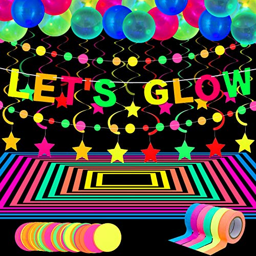 Glühen Neon Partyzubehör, 98,4 Feet 6 Rollen UV Schwarzlicht Reaktiv Leuchtend Band, 28,9 Feet 2 Neon Papier Girlande, LET'S GLOW Banner 10 Stern Hängen Wirbel, 25 Fluoreszierend Luftballon von Chuangdi