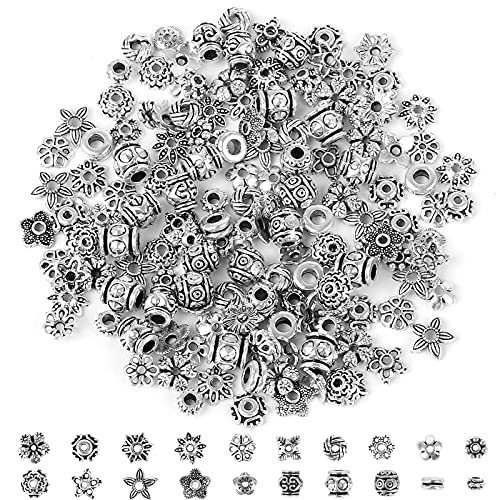 Chudian 160 Stück Tibetische Perlen Silber Zwischenperlen Metallperlen zum Auffädeln Perlenkappen Spacer Perlen für Armbänder Schmuckherstellung Antike Bastelperlen DIY Schmuckzubehör mit Loch von Chudian