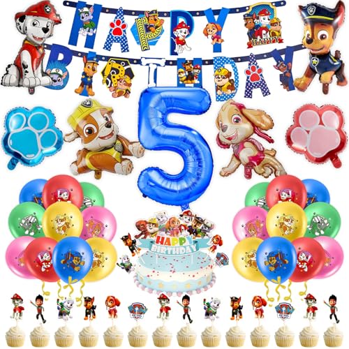 53 PCS Paw Luftballons Geburtstag 5 Jahre Jungen Mädchen Hund Patrol Geburtstagsdeko Ballon Deko 5. Geburtstag Folienballon Happy Birthday Banner Cake Topper Tortendeko für Kindergeburtstag Party Deko von Chukua