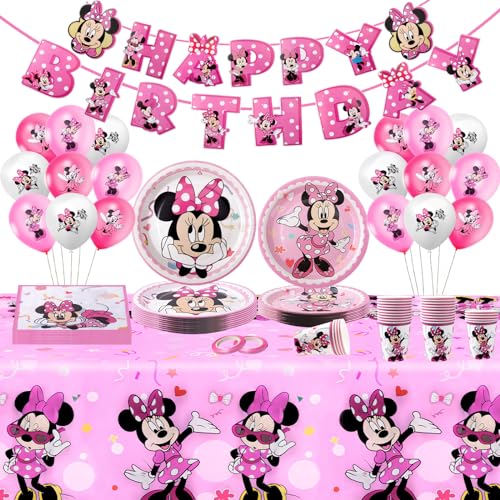 92Pcs Mouse Geburtstagsdeko Rosa Partygeschirr Set Pappteller Luftballons Mikey Mouse Geburtstagsdeko Mädchen Geburtstags Deko 1 2 3 4 5 6 7 8 9 Jahr für Kindergeburtstag Dekorationen von Chukua