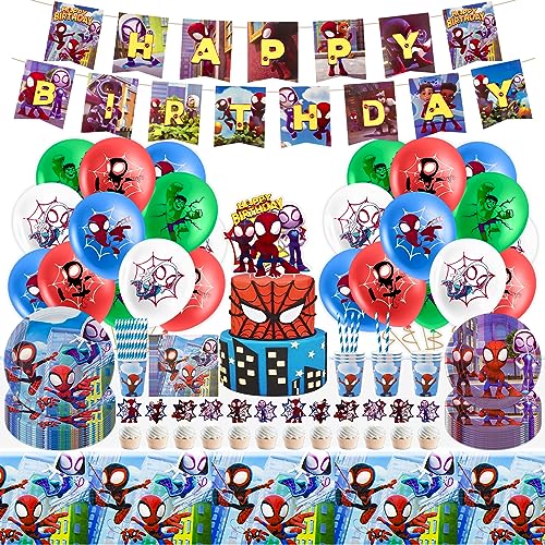 99PCS Spidey und Seine Super-Freunde Dekoration Pappteller Kindergeburtstag - Spider Geburtstag Geschirr Deko Spidey Servietten Tischdecke Banner Luftballon Geburtstagsdeko Partygeschirr für 20 Gäste von Chukua